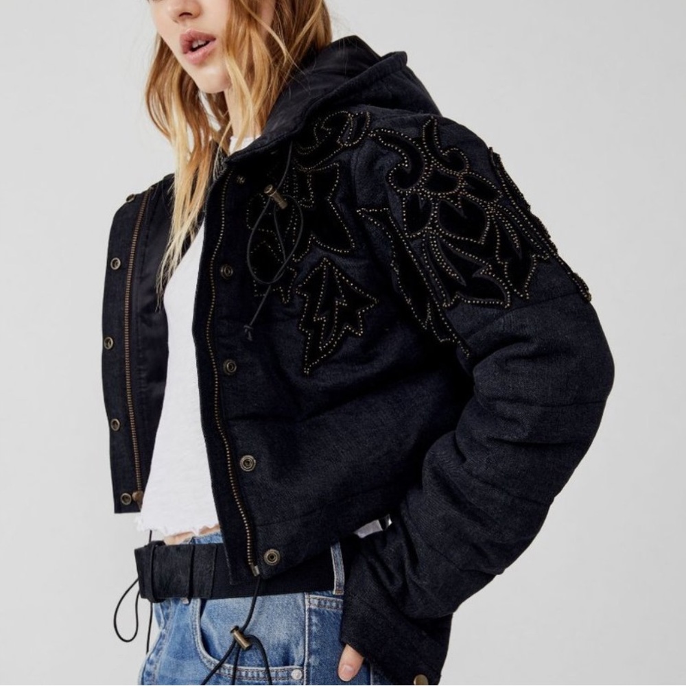 Free People Fleur De Lis Denim Puffer Jacket / Washed Black Size Medium